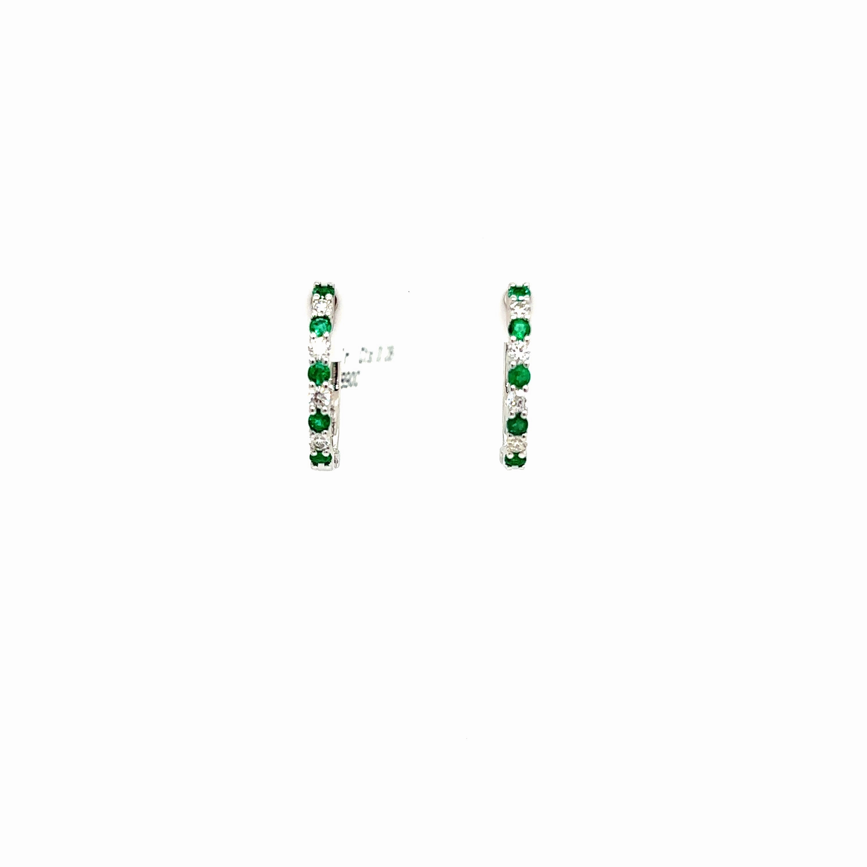 Distinctive Style Round Shape Emerald and Diamond Small Hoop Earrings in 14K White Gold (.51ctw)