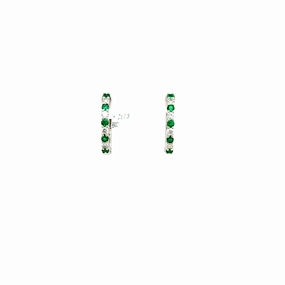 Distinctive Style Round Shape Emerald and Diamond Small Hoop Earrings in 14K White Gold (.51ctw)