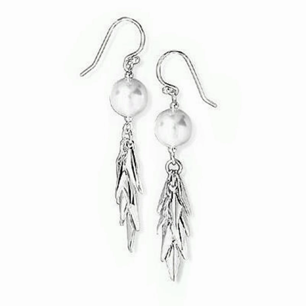 9mm White Simulated Pearl and Silver Diamond Shape Layered Dangle Earrings Premium Choice