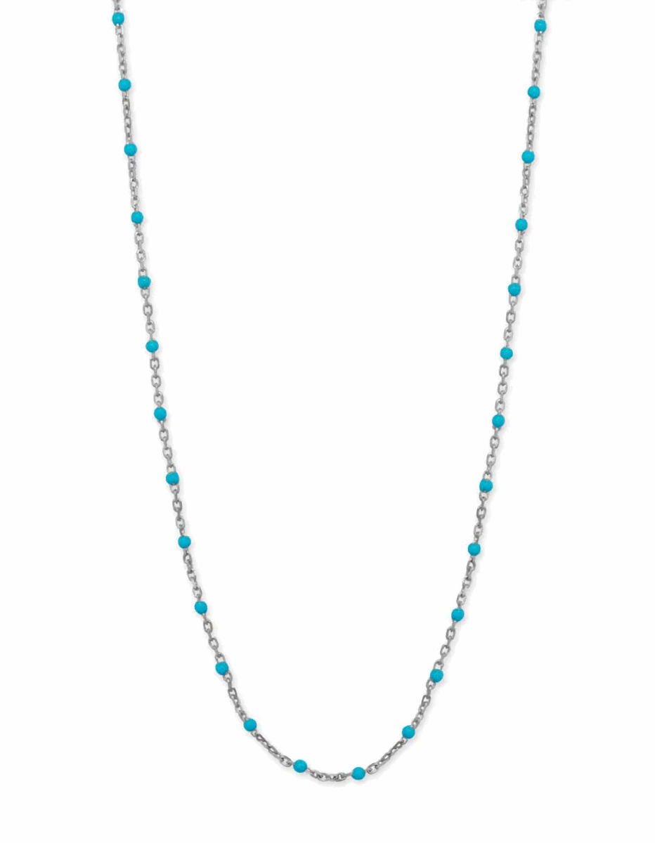 Satellite Chain Necklace with Blue Enamel Beads Rhodium on Silver Perfect Jewelry City Look