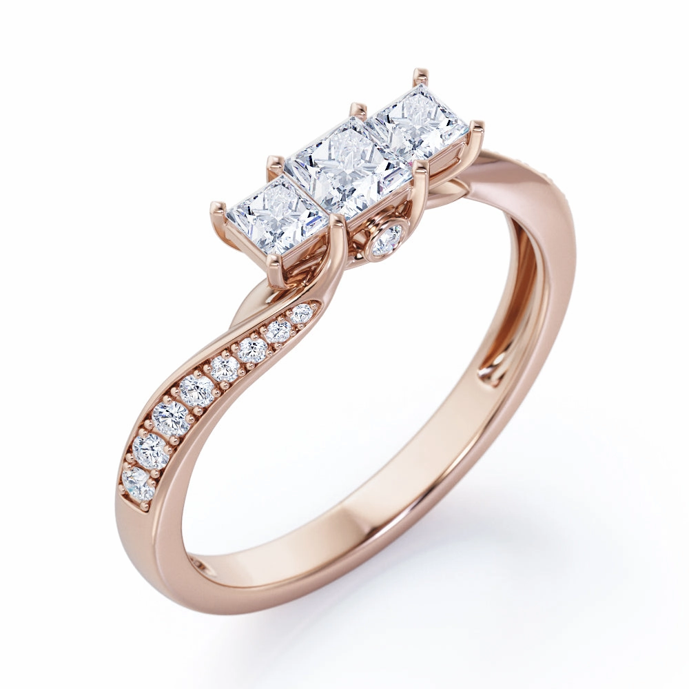 Scale Bridge Accent 0.65 carat Princess Diamond and Diamond Twisted Wave Engagement Ring in Rose Gold Lightweight Appearance