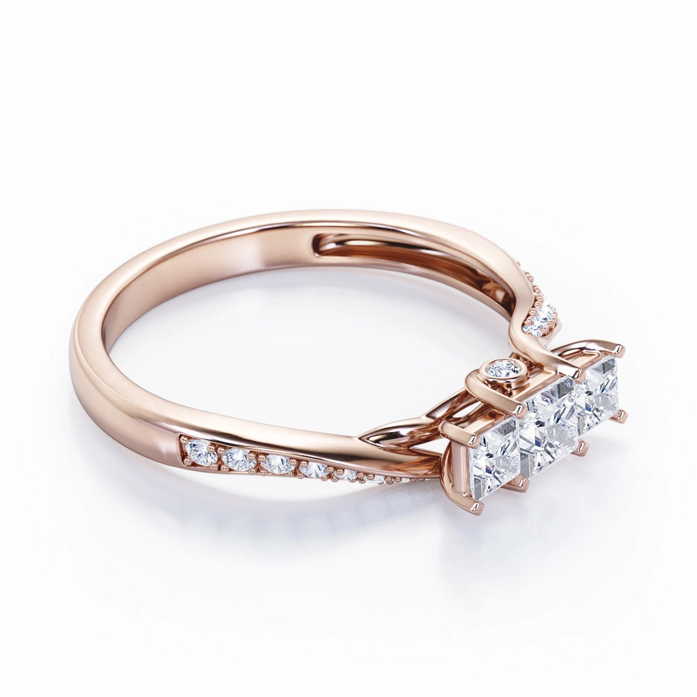 Refined Edge Fashionable Style Scale Bridge Accent 0.65 carat Princess Diamond and Diamond Twisted Wave Engagement Ring in Rose Gold