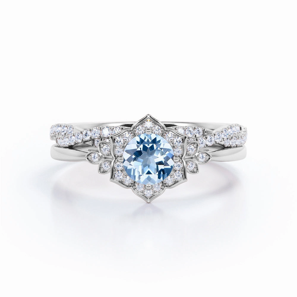 1.45 ct Round Aquamarine Floral Infinity Wedding Ring Set High-Quality Appearance Symbolic Form