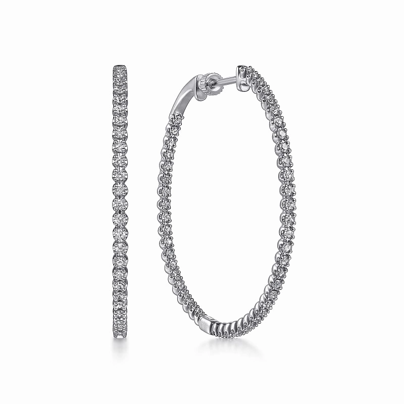 14K White Gold 40mm Diamond Inside Out Hoop Earrings Sculpted Accent