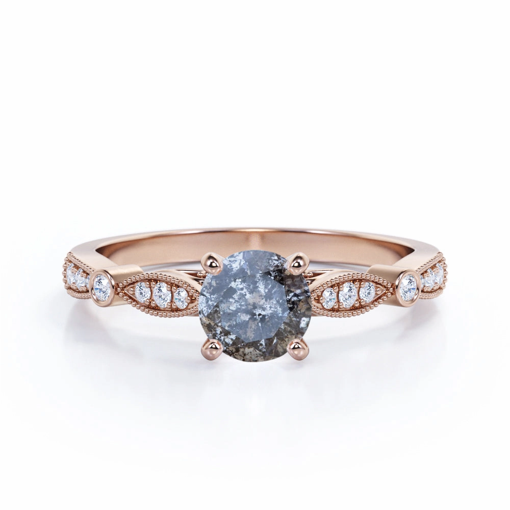 0.50 Carat Round Salt and Pepper Diamond Art Deco Engagement Ring Seasonal Look