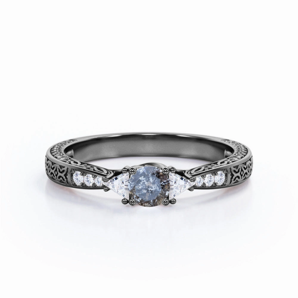 Ethnic Inspiration 0.45 Ct Round Salt and Pepper Diamond Cut Filigree Engagement Ring