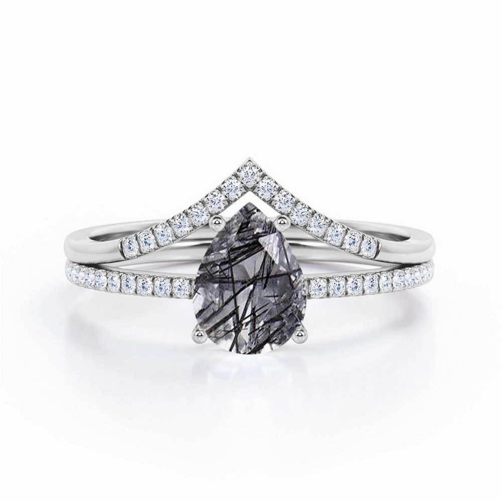 Value Gift Minimalist Bauble 1.40 ct Pear Black Rutilated Quartz V Style Pave Bridal Set