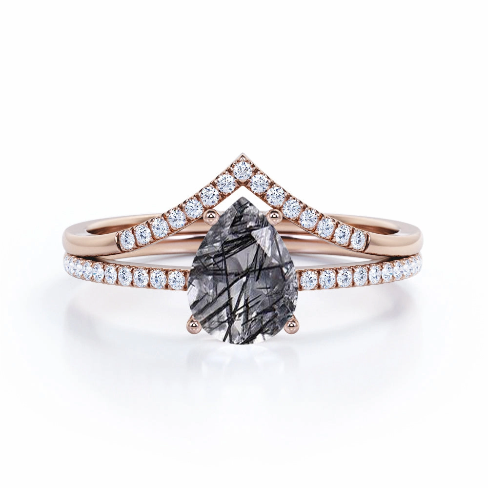 1.40 ct Pear Black Rutilated Quartz V Style Pave Bridal Set Dramatic Detail Balanced Detail