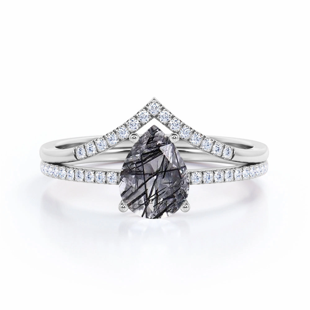 Durable Gift Memory Lane 1.40 ct Pear Black Rutilated Quartz V Style Pave Bridal Set