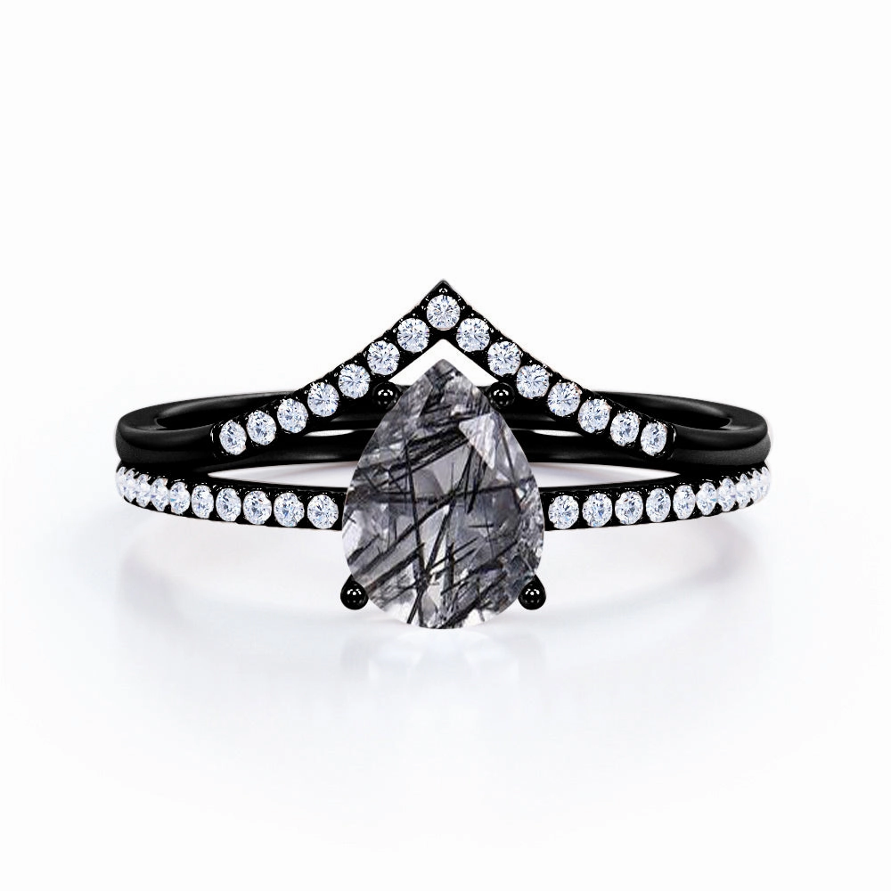 Modern Classic Casual Fashion 1.40 ct Pear Black Rutilated Quartz V Style Pave Bridal Set