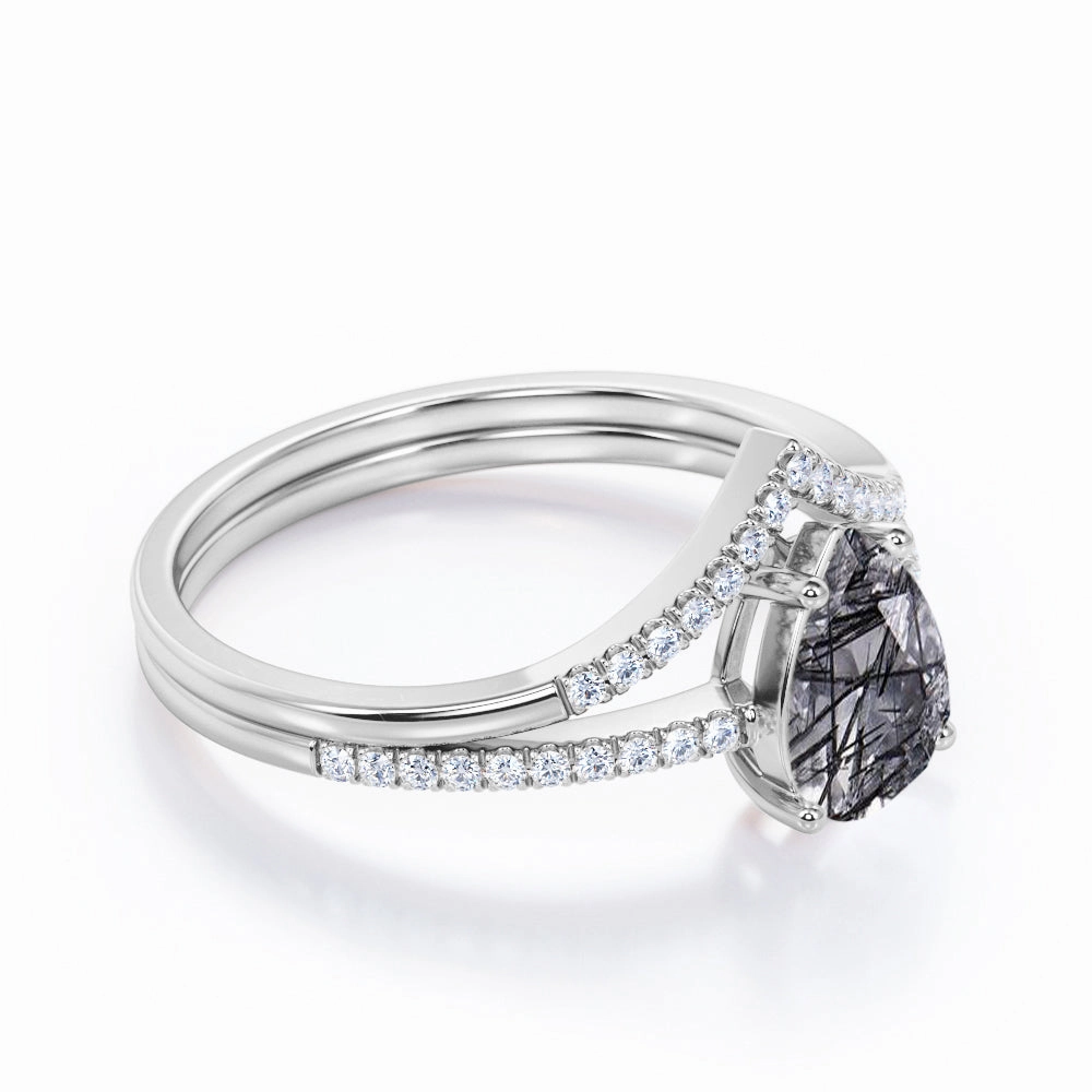 1.40 ct Pear Black Rutilated Quartz V Style Pave Bridal Set Gorgeous appearance Luxury Structure