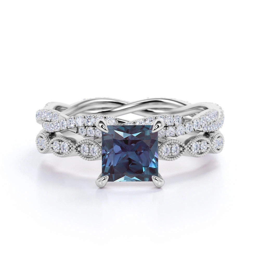 Infinity 1.75 Ct Princess Lab Alexandrite Bridal Set Functional Art Stain Less