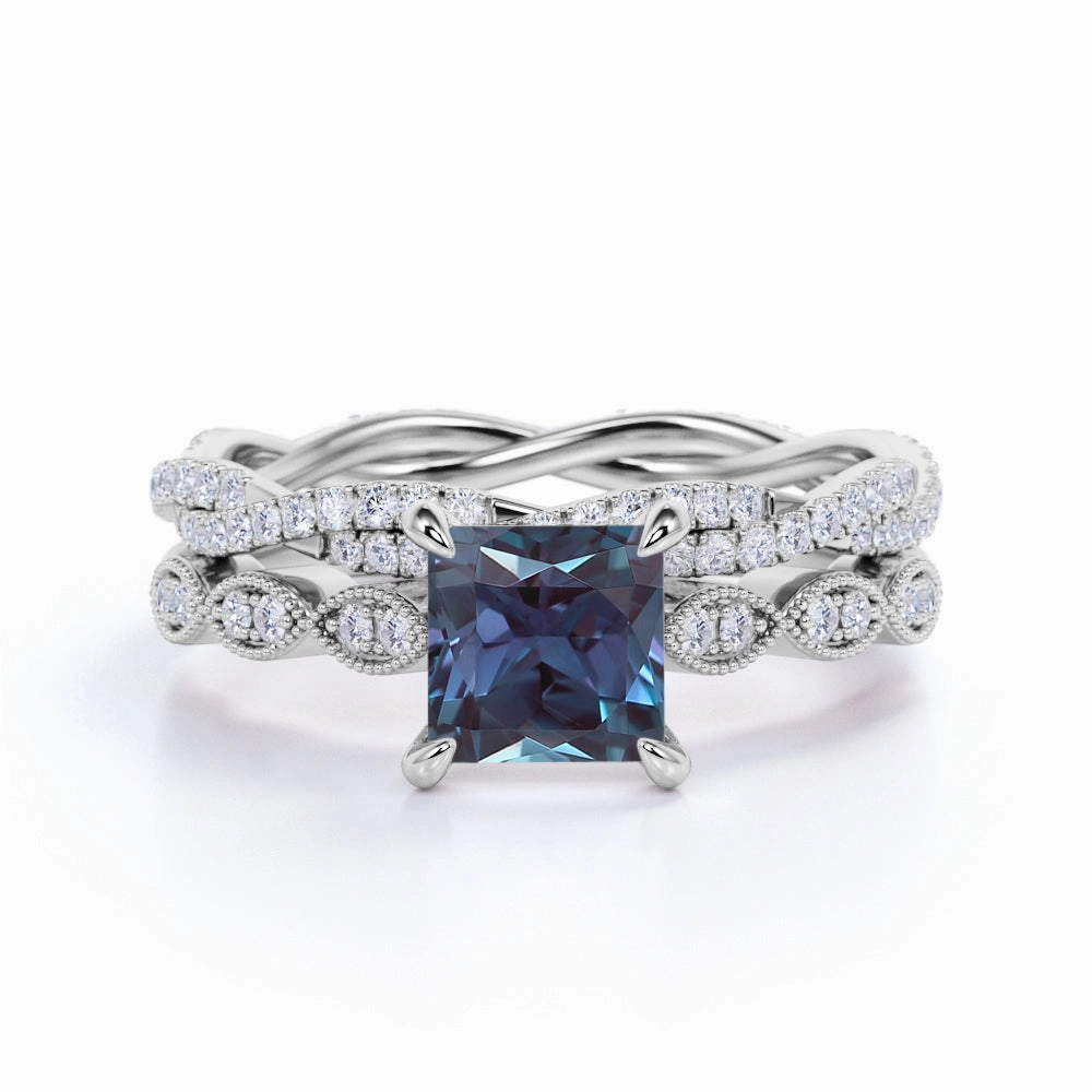 Infinity 1.75 Ct Princess Lab Alexandrite Bridal Set Artisan Embellishment