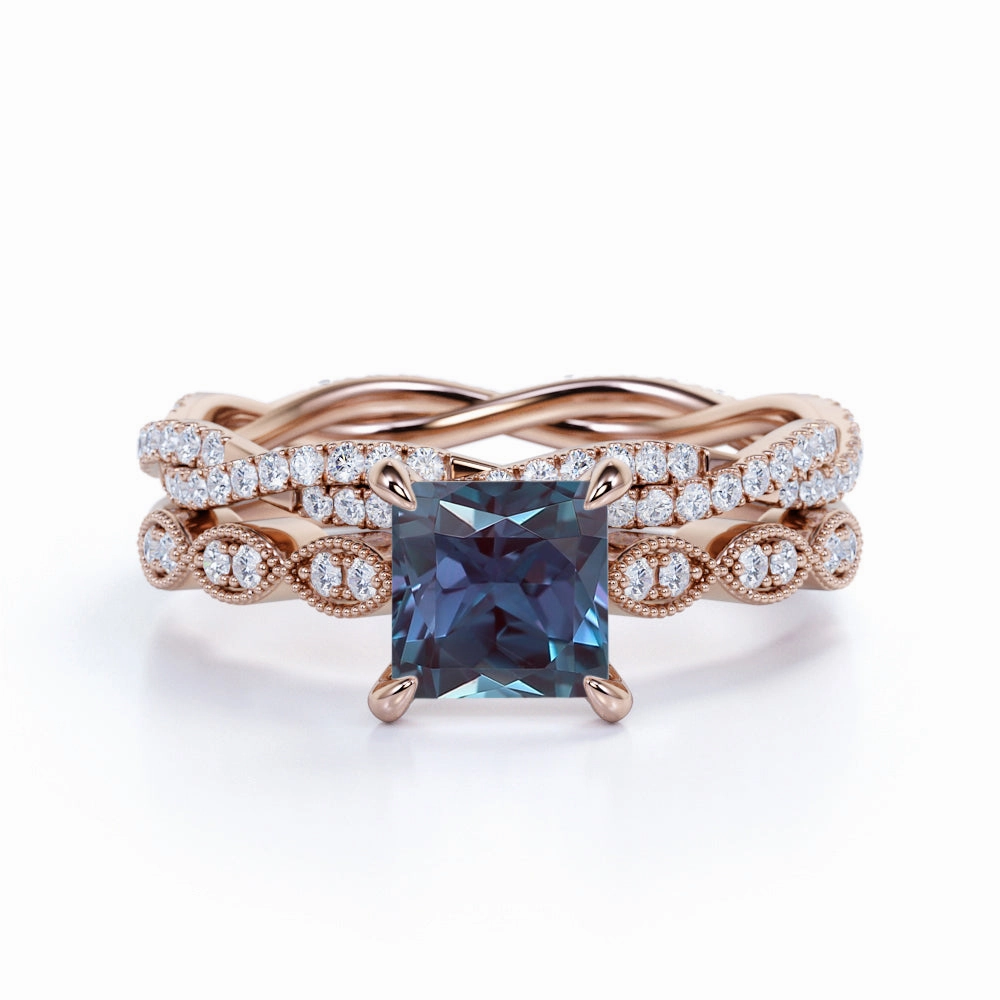 Glamorous Symbol HighEnd Decoration Infinity 1.75 Ct Princess Lab Alexandrite Bridal Set