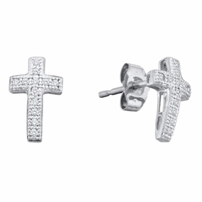 Sterling Silver  Round Diamond Cross Faith Stud Earrings 1/10 ctw Premium Look Modernist Decoration