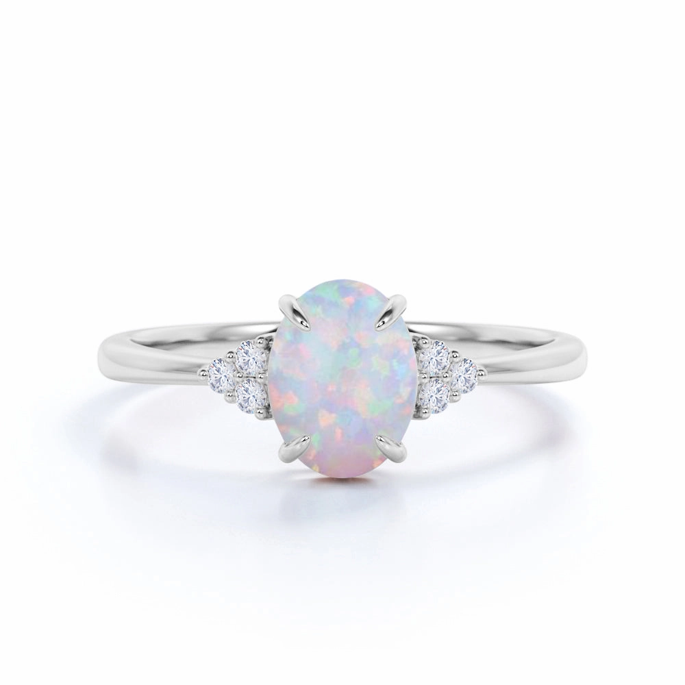 Polished Appearance Cluster 1.10 Ct Oval Cut Lab Created Opal Engagement Ring