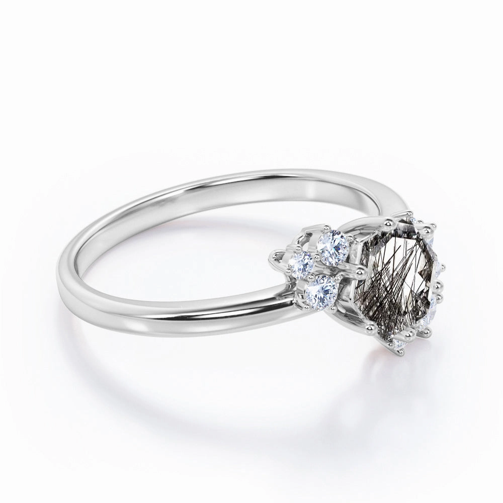 1.35 ct Hexagon Black Rutilated Quartz Six Prong Engagement Ring Vibrant Touch