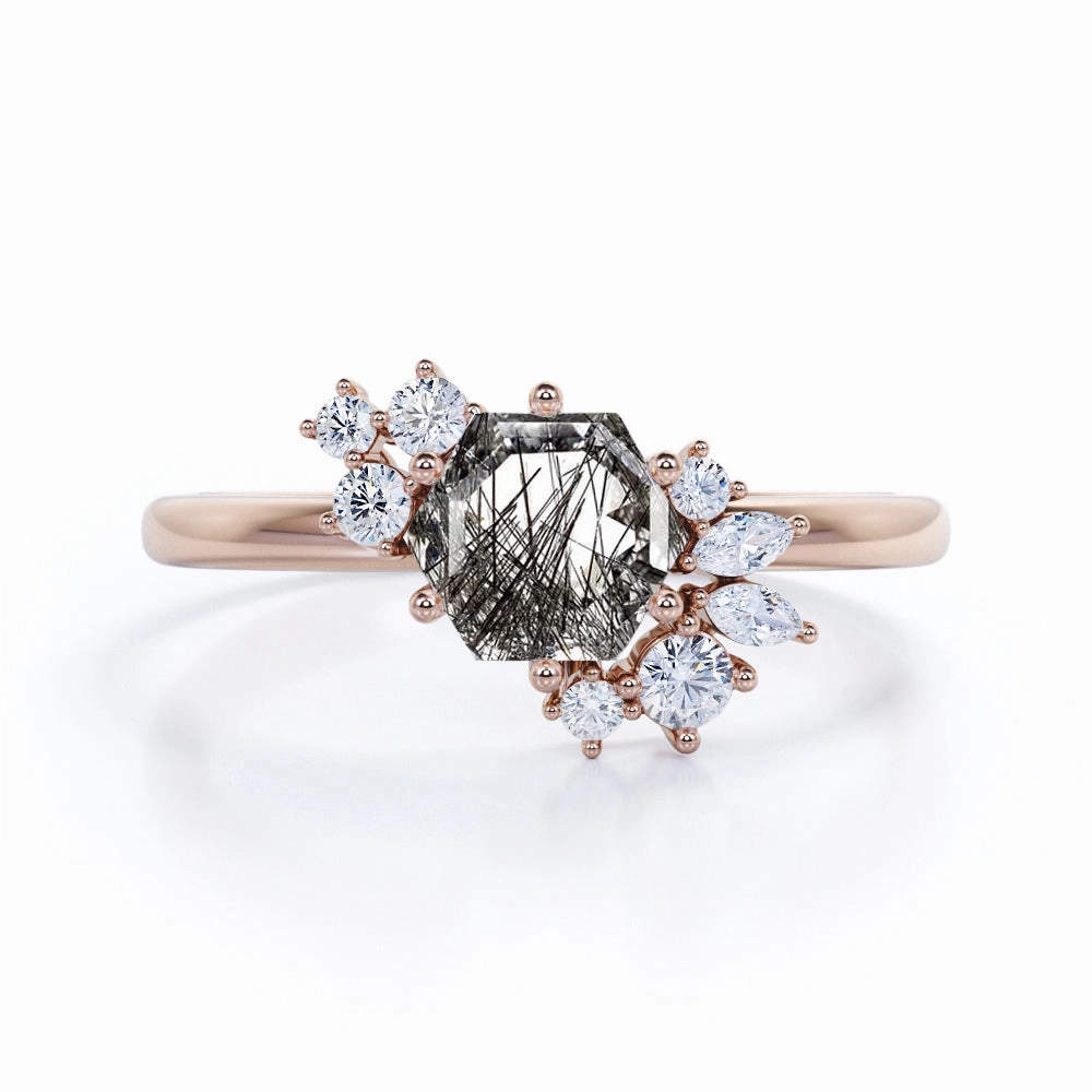 Daytime Gift 1.35 ct Hexagon Black Rutilated Quartz Six Prong Engagement Ring