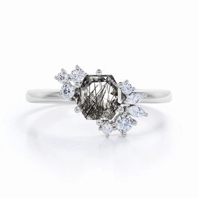 1.35 ct Hexagon Black Rutilated Quartz Six Prong Engagement Ring Fresh Form