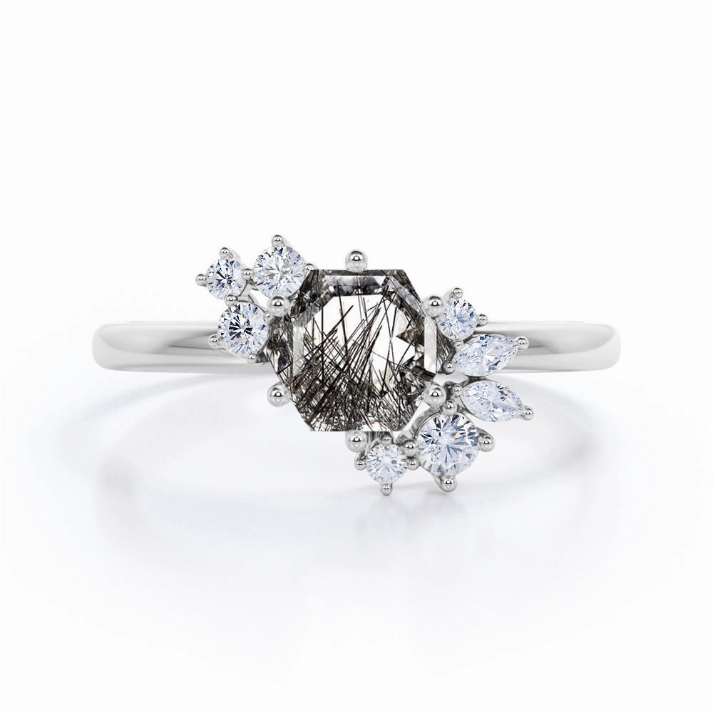 Elegant Proportion 1.35 ct Hexagon Black Rutilated Quartz Six Prong Engagement Ring