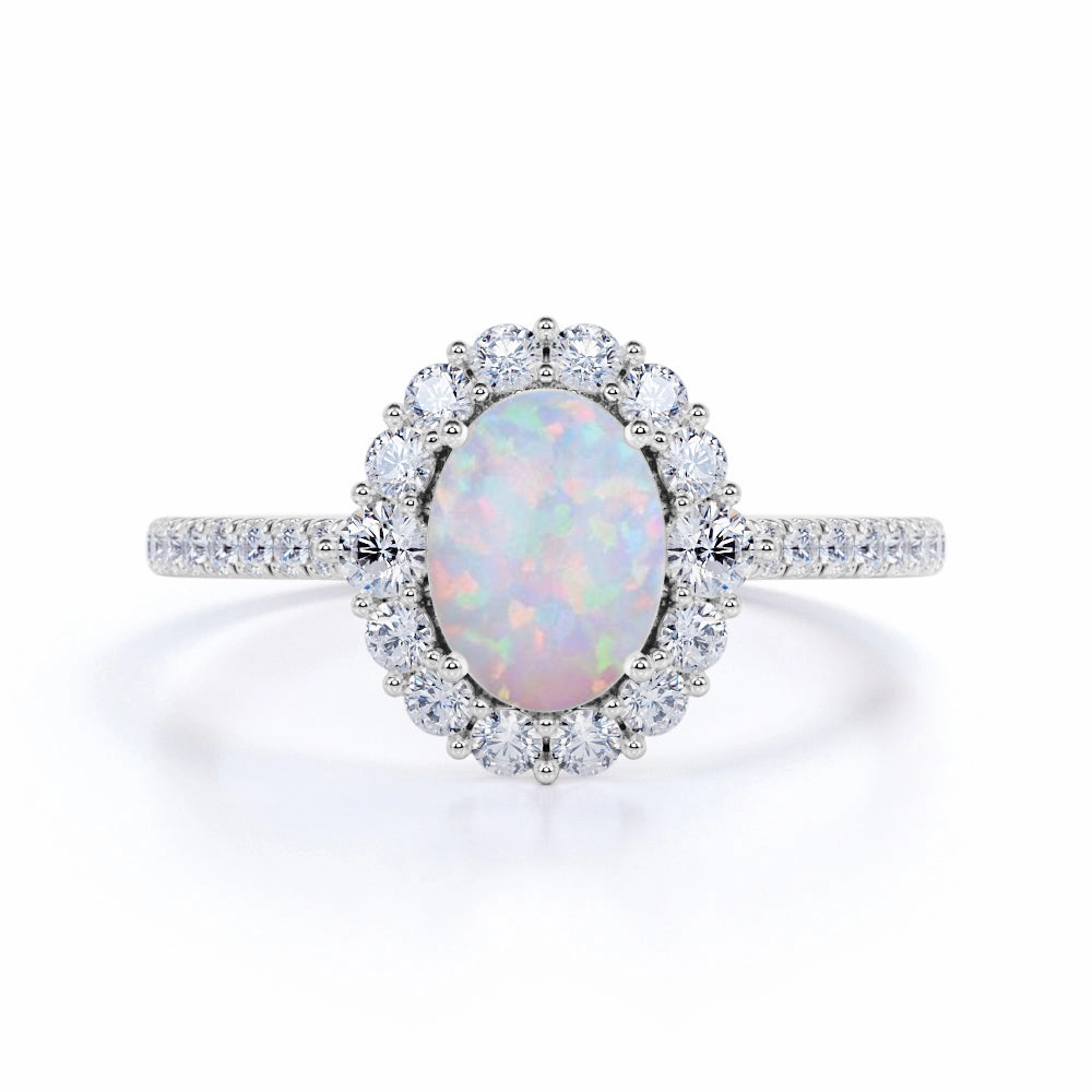 1.75 Ct Oval Cut Lab Created Opal Halo Engagement Ring Minimalist Decoration Daily Contour