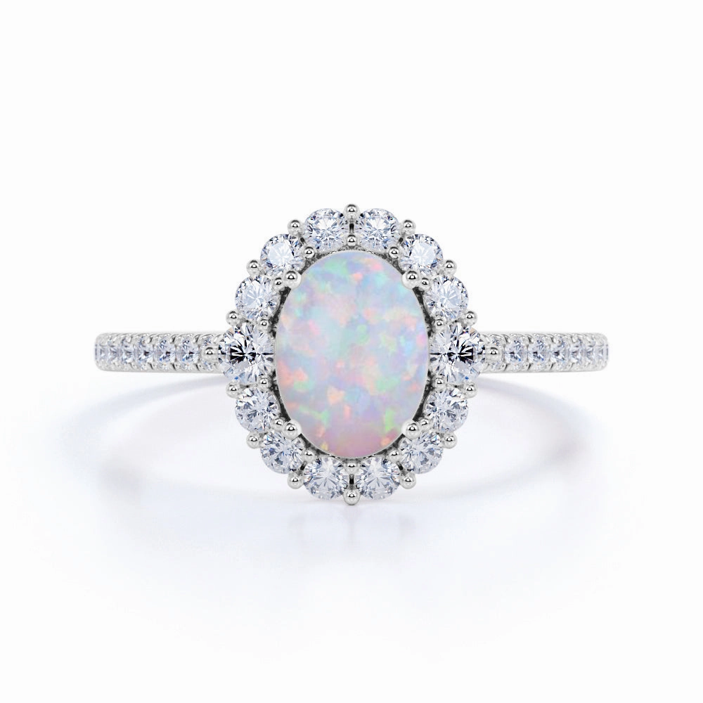 1.75 Ct Oval Cut Lab Created Opal Halo Engagement Ring Superior Piece