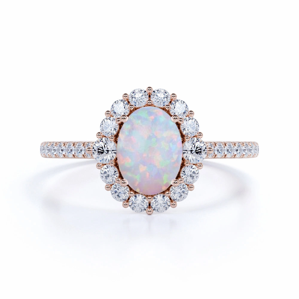 Casual Aesthetic 1.75 Ct Oval Cut Lab Created Opal Halo Engagement Ring