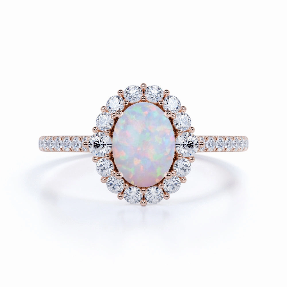 Meaningful Adornment 1.75 Ct Oval Cut Lab Created Opal Halo Engagement Ring