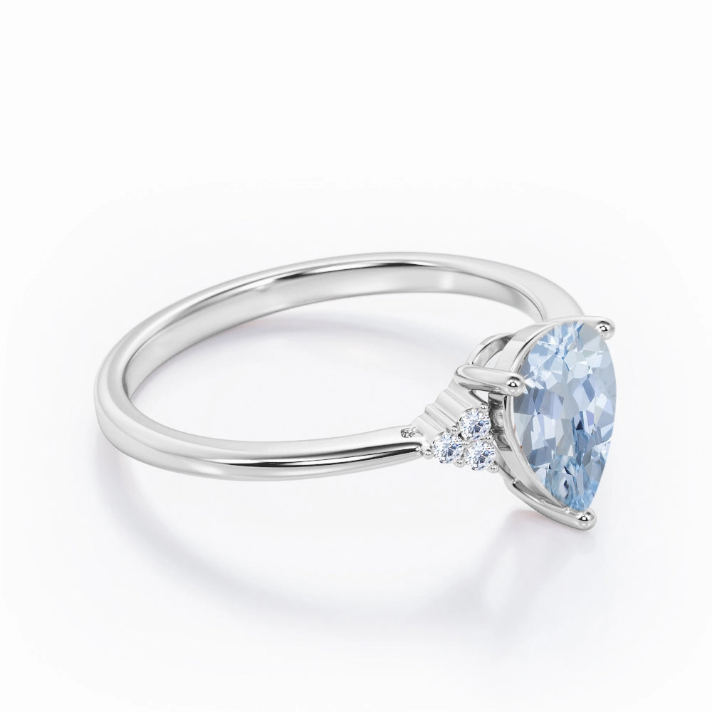 Branded Gift Celebration Accent Seven Stone 0.5 ct Pear Aquamarine Solitare Engagement Ring