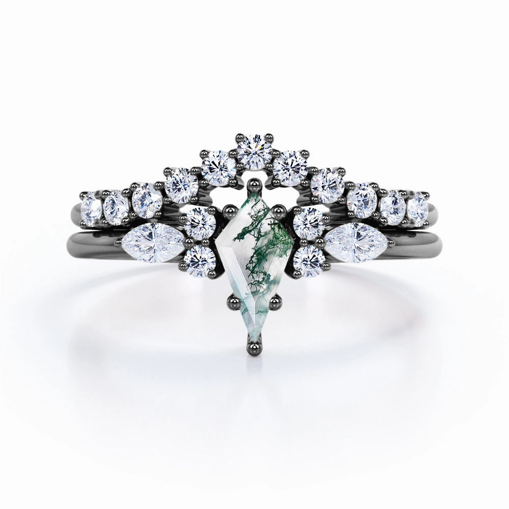 Seven Stone 1.25 Carat Kite Cut Moss Agate Bridal Set Minimalist Accessory