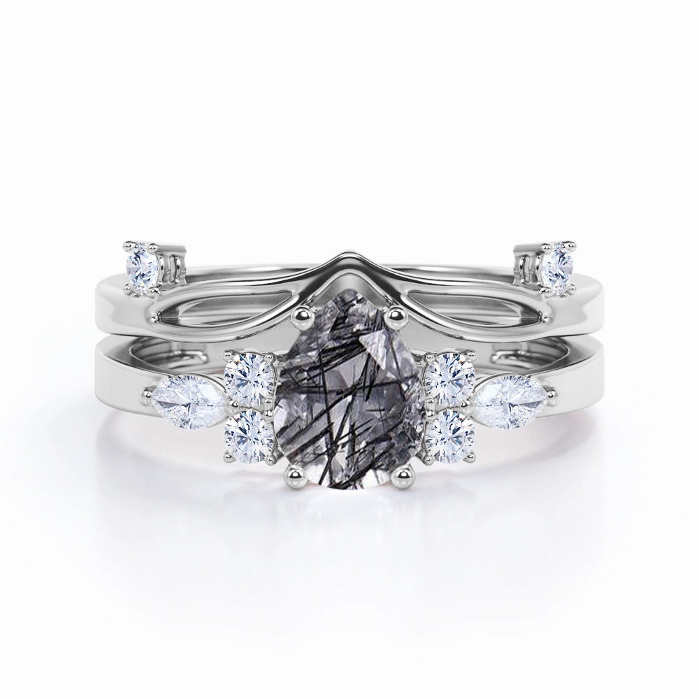 Seven Stone 1.45 ct Pear Black Rutilated Quartz Bridal Set Economical Style