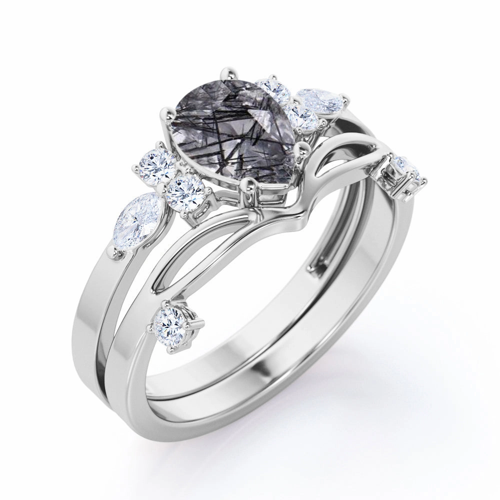 Seven Stone 1.45 ct Pear Black Rutilated Quartz Bridal Set Subtle Detail Artisan Article