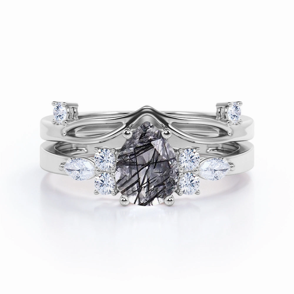 Brand Name classic accessory Seven Stone 1.45 ct Pear Black Rutilated Quartz Bridal Set