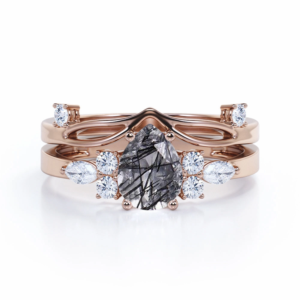 Seven Stone 1.45 ct Pear Black Rutilated Quartz Bridal Set Sturdy Jewelry