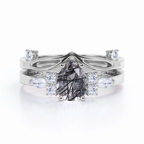 Brand Name classic accessory Seven Stone 1.45 ct Pear Black Rutilated Quartz Bridal Set