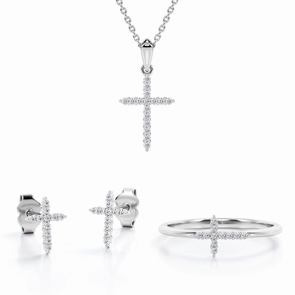 Excellent Statement Shared-Prong Jewelry Set 0.2 TCW Diamond with Cross Pendant, Earrings & Ring