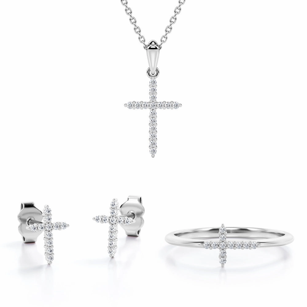 Shared-Prong Jewelry Set 0.2 TCW Diamond with Cross Pendant, Earrings & Ring Wonderful Symbol