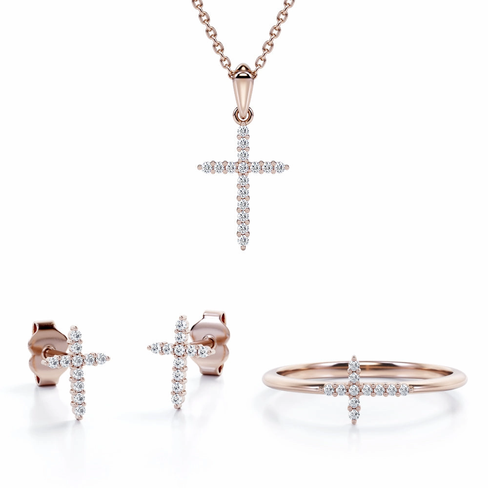 Urban Style Shared-Prong Jewelry Set 0.2 TCW Diamond with Cross Pendant, Earrings & Ring