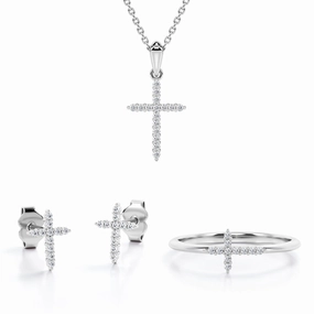 Excellent Statement Shared-Prong Jewelry Set 0.2 TCW Diamond with Cross Pendant, Earrings & Ring