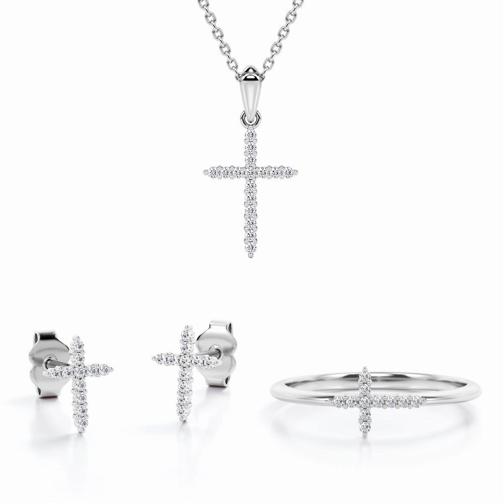Exquisite Object Shared-Prong Jewelry Set 0.2 TCW Diamond with Cross Pendant, Earrings & Ring