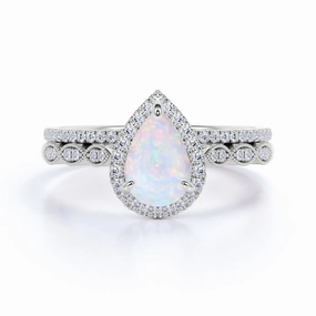 1.75 ct Antique Pear Shaped Fire Opal and Moissanite Wedding Ring Set in 18K White Gold over Silver Romantic Expression Glam Party