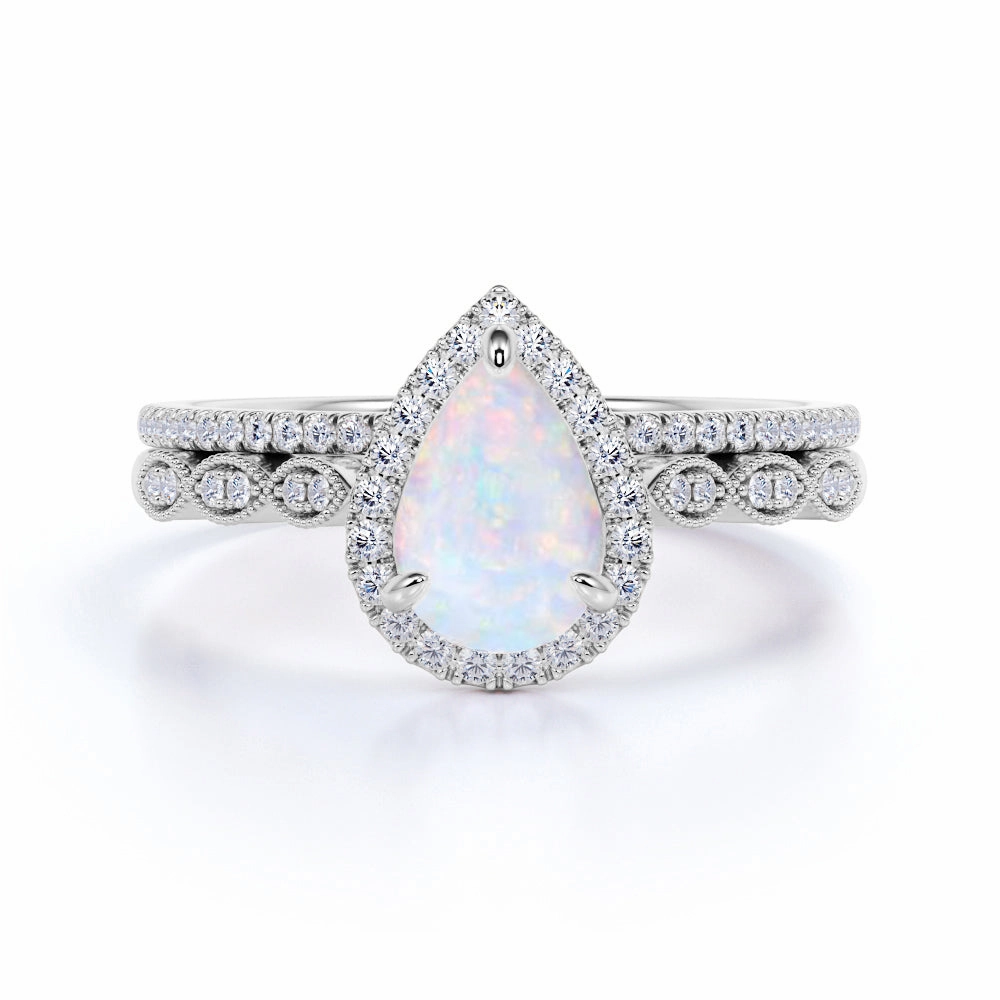 1.75 ct Antique Pear Shaped Fire Opal and Moissanite Wedding Ring Set in 18K White Gold over Silver Romantic Expression Glam Party