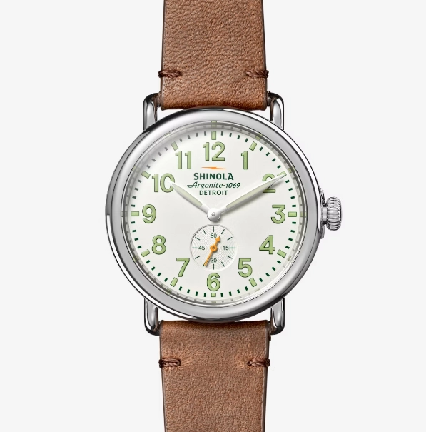 Charming Features Shinola 41MM Runwell Velvet Alabaster with Green Tan Leather Watch