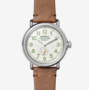 Charming Features Shinola 41MM Runwell Velvet Alabaster with Green Tan Leather Watch