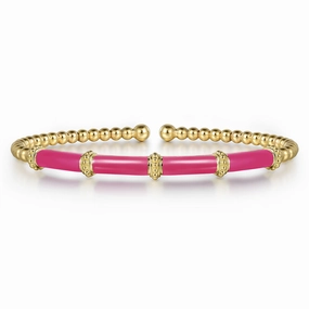 14K Yellow Gold Bujukan Beads Split Bangle with Fuchsia Enamel Accent Wedding Ensemble Modern Vibe