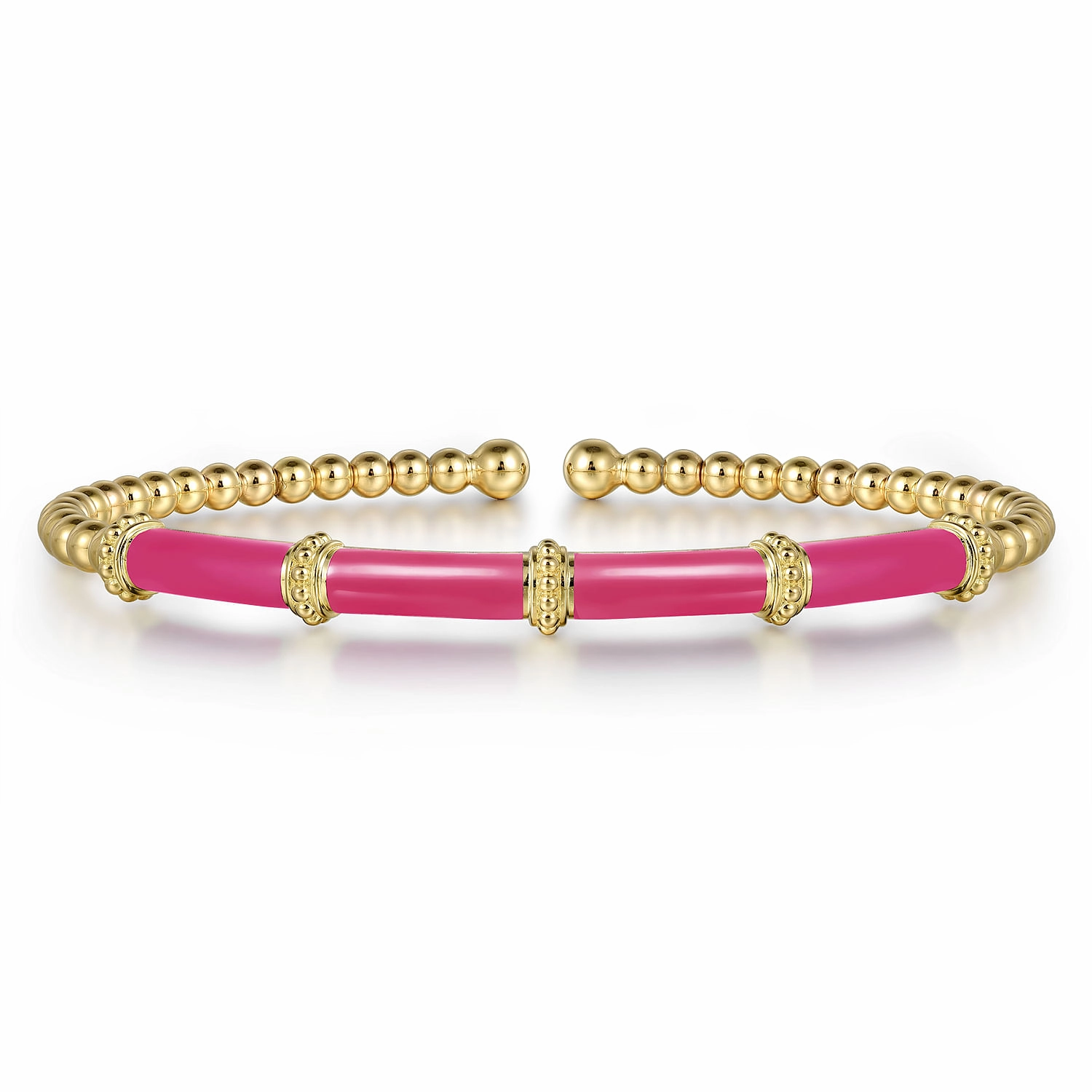 14K Yellow Gold Bujukan Beads Split Bangle with Fuchsia Enamel Accent Wedding Ensemble Modern Vibe