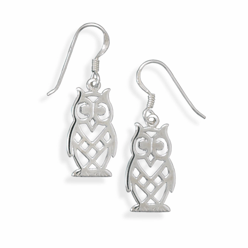 Chic Detail Wise Owl Earrings Cut Out Design Sterling Silver Dangling