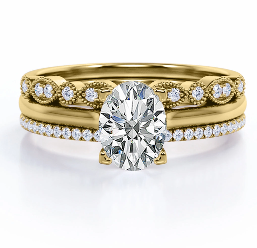 Solitaire 2 Carat Oval Cut Moissanite Art Deco Trio Set Premium Article