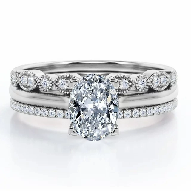 Low-Cost Article Luxurious Feel Solitaire 2 Carat Oval Cut Moissanite Art Deco Trio Set