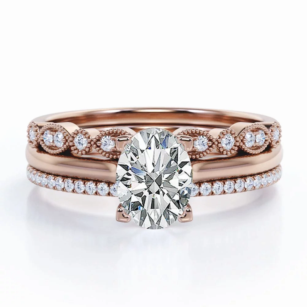 Value Statement Solitaire 2 Carat Oval Cut Moissanite Art Deco Trio Set